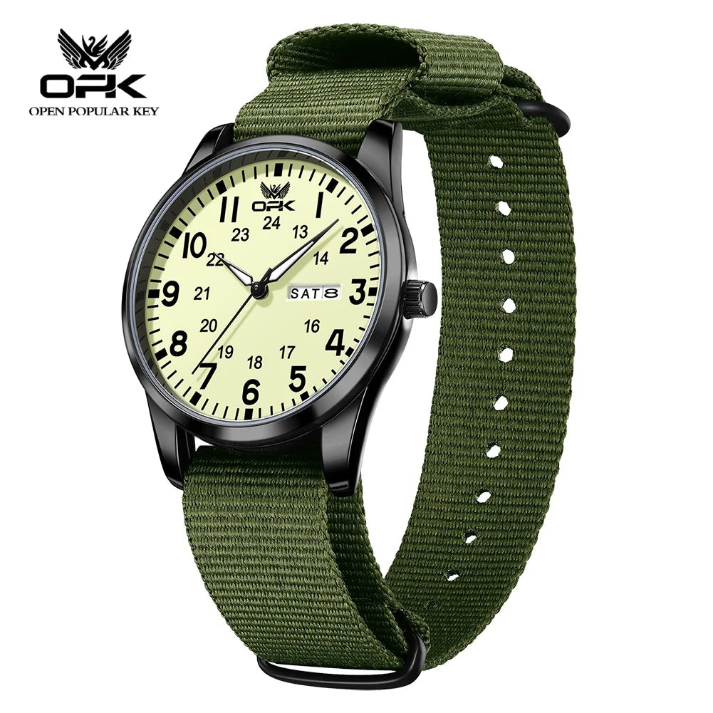 OPK 6090 Quartz Watches for Man Fashion Casual Nylon Webbing Watchband Dual Calendar Waterproof Luminous Men's Sports Watches