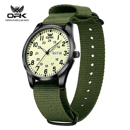 OPK 6090 Quartz Watches for Man Fashion Casual Nylon Webbing Watchband Dual Calendar Waterproof Luminous Men's Sports Watches