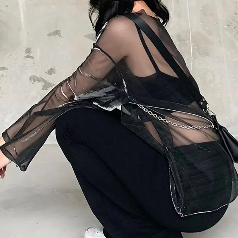 See Through T Shirts For Women Y2k Clothes Sexy Crop Tops Long Sleeve Oversized Tshirt O-Neck Club Outfit Reflective Egirl Tees