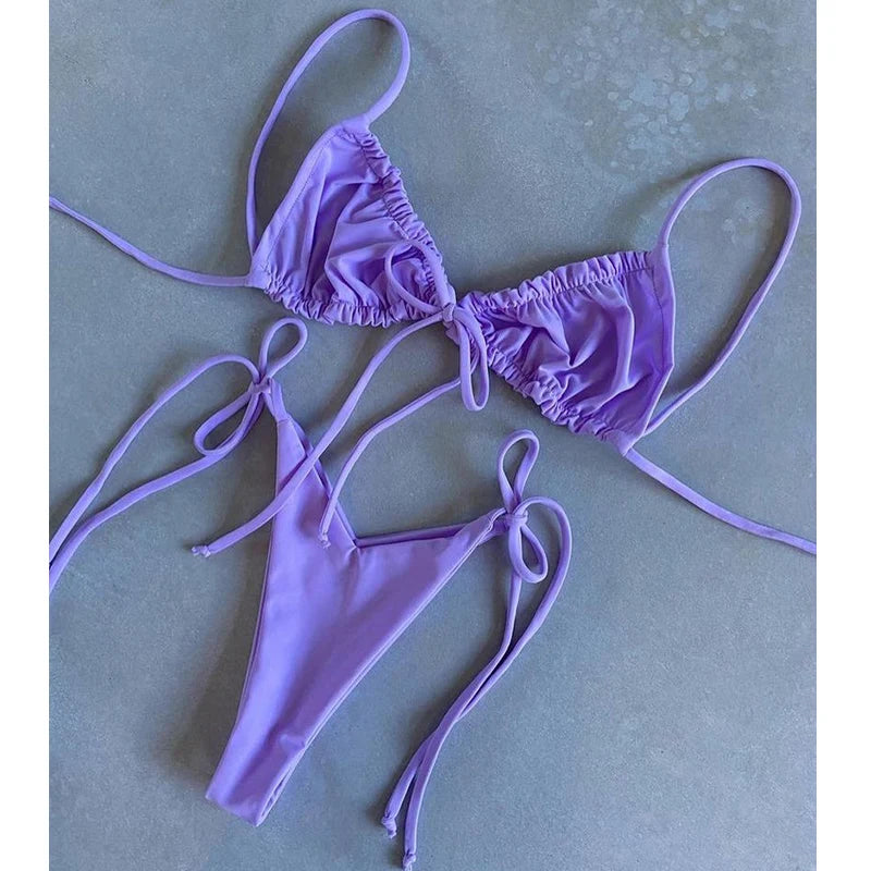 BIQIUYYI Brazilian Sexy Micro Mini Thong Bikini Set Summer Bandage Swimsuit Women Pleated Bathing Suit Beachwear Halter Biqiuni