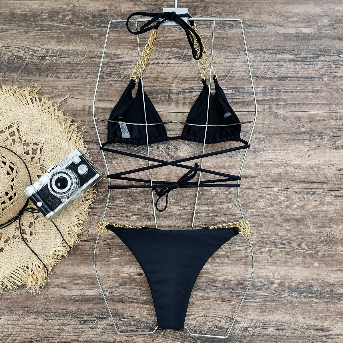 Brazilian Bikini Swimsuit for Women, Ring Linked Halter, Swimwear, Beachwear, 2025