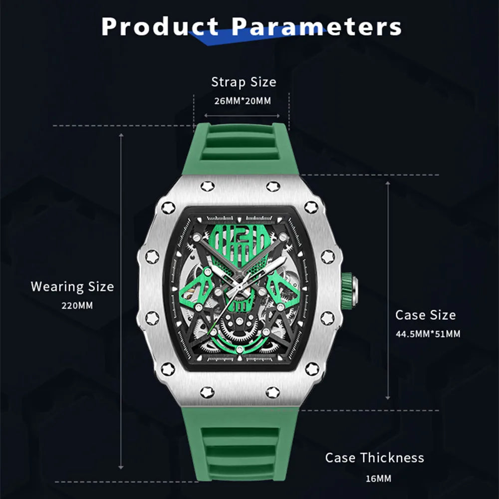 RUIMAS Tonneau Dial Automatic Movement Watches for Men Fashion Sport Mechanical Wristwatch Waterproof Clock Reloj Hombre 341