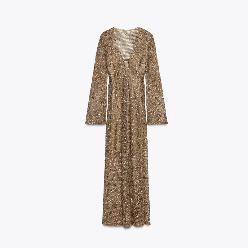 Sexy Shiny Deep V-neck Long Dress Women Flare Sleeve Hollow See Through Party Evening Dresses Female 2025 Summer Lady Slim Robes