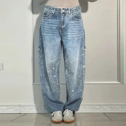 Chic Rhinestone Women's Jeans Y2k Street Oversize Loose Shining Female Wide Leg Pants 2025 Spring Summer Lady Denim Trousers
