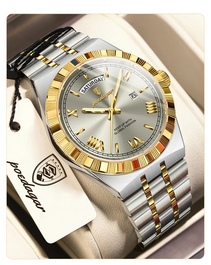 POEDAGAR Fashion Business Men's Watch Luminous Waterproof Week Date Luxury Man Wristwatch Stainless Steel Quartz Watches For Men