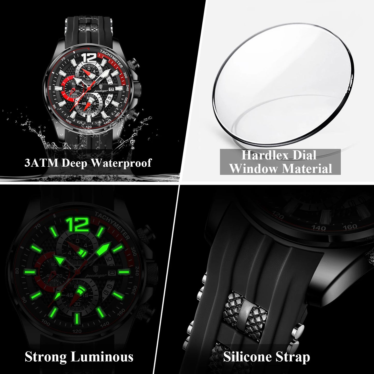 POEDAGAR Original Fashion Men Watch Date Chronograph Silicone Sports Man Clock Luminous Waterproof Military Quartz Men's Watches