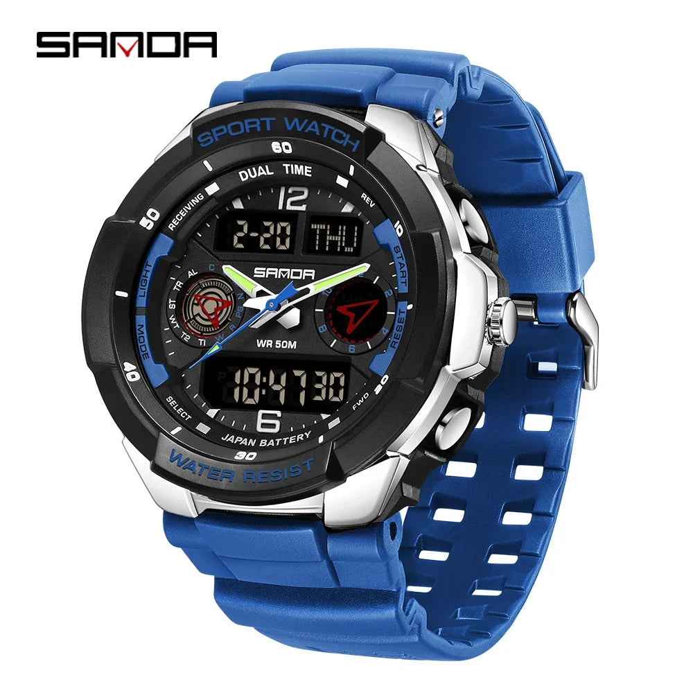 SANDA 6197 Top Class Men's Korean Student Electronic Watch Sports Multi functional Alarm Clock Waterproof Men's Watches 2024