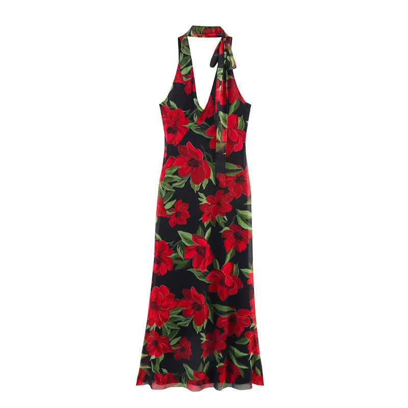 Printed Ruffle Top Skirt Set Women Slim Sling Sleeveless Backless Vest Straight Long Skirts 2025 Summer Elegant Sexy Lady Outfit