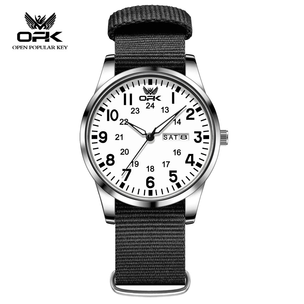 OPK 6090 Quartz Watches for Man Fashion Casual Nylon Webbing Watchband Dual Calendar Waterproof Luminous Men's Sports Watches
