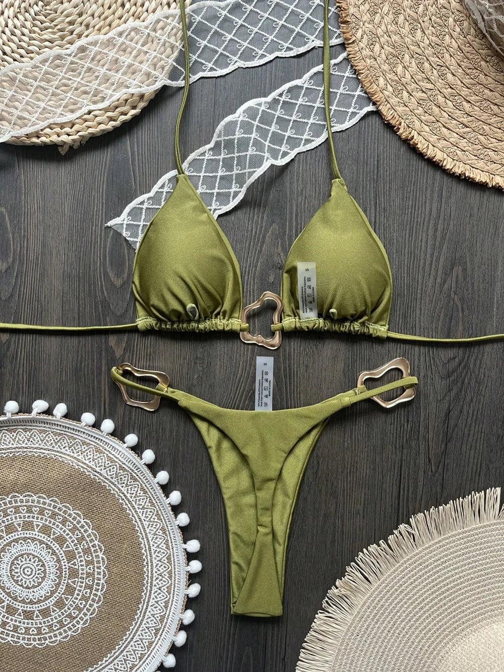 Sexy Solid Color Halter Lace-up Low Waist Bikini Set Women's Two Pieces Triangle Thong Swimsuit Bathing Suit Brazilian Biquinis