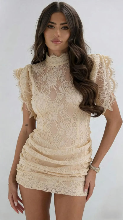 Lace Patchwork Pleated Mini Dress Lady Sexy High Collar Sleeveless Cinched-waist Slim Dresses Women 2026 Evening Party Vestidos