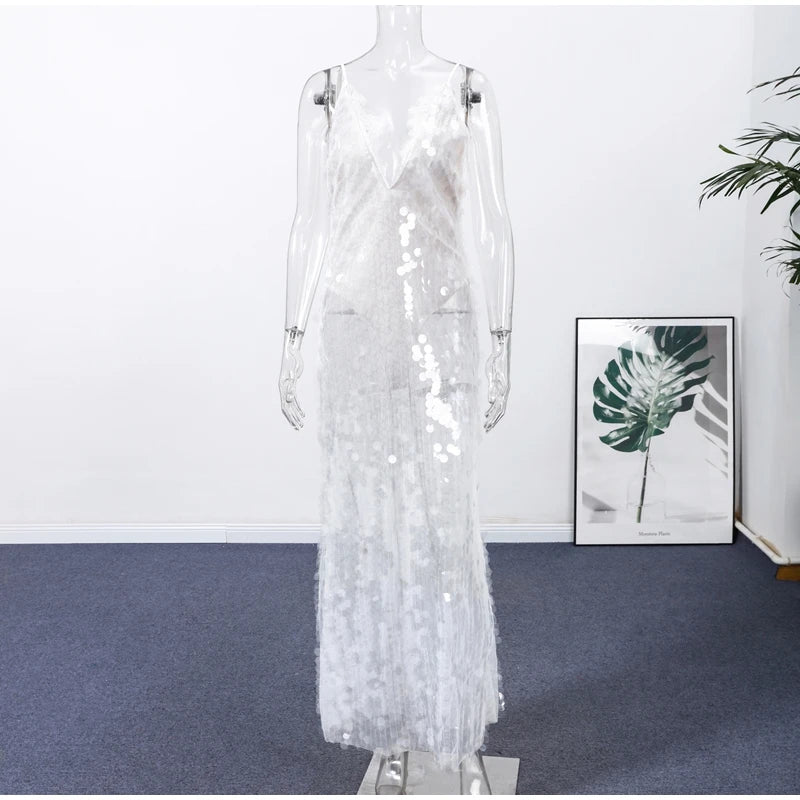 Sequins Lace Splicing Dress Women's Sexy V-veck Shiny Sleeveless Backless Sling Dresses 2026 Spring Summer New Ladies Beach Robe