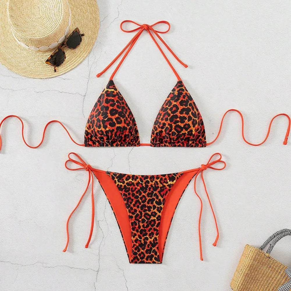 Sexy Leopard Print Two Piece Swimsuit Set Triangle Bra Suspender Halter Backless Bikini Set Beach Vacation Lace-up Swimwear 2025
