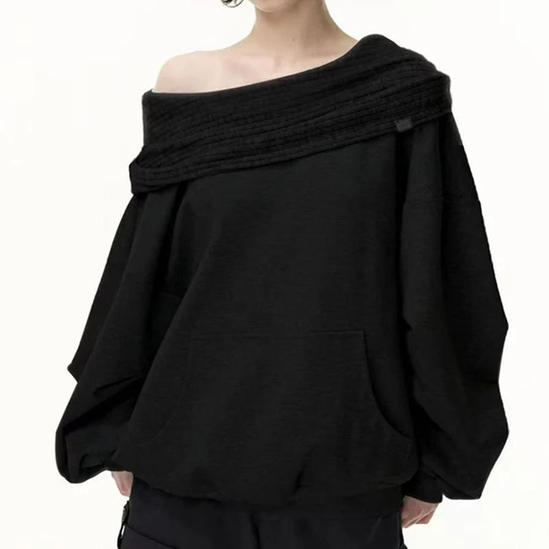 Knit Patchwork Sweatshirt Women Loose Casual Long Sleeve Sporty Top Spring Fall Chic Lazy Off Shoulder Harajuku Y2K Coat
