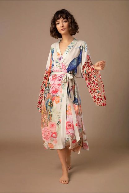 Beach Kimono for Women Peocock Printed Swimsuit Cover Up Self Belted Wrap Dresses Seaside Bathing Suits Beachwear