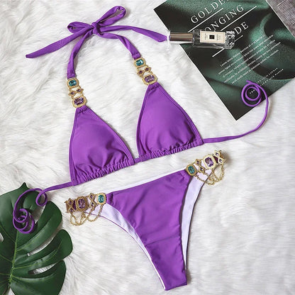 2026 Shiny Rhinestone Diamond Bikini Women Swimsuit Female Swimwear Two Pieces Bikini Set Halter Metal Chains Bathing Suit Swim