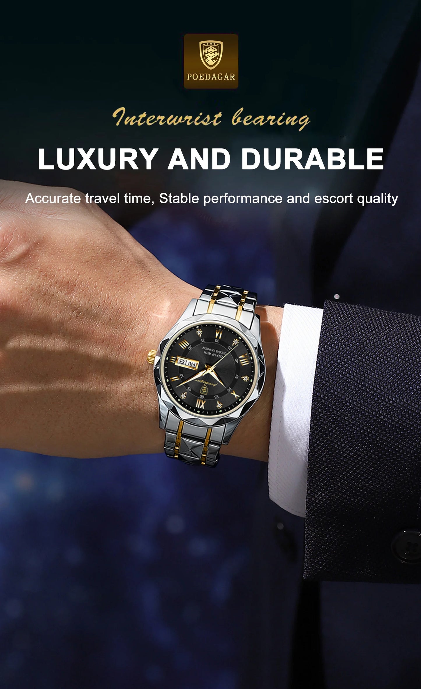 POEDAGAR Top Classic Men's Quartz Watches Waterproof Luminous Stainless Steel Man Wristwatch Date Week Original Men Watch Reloj