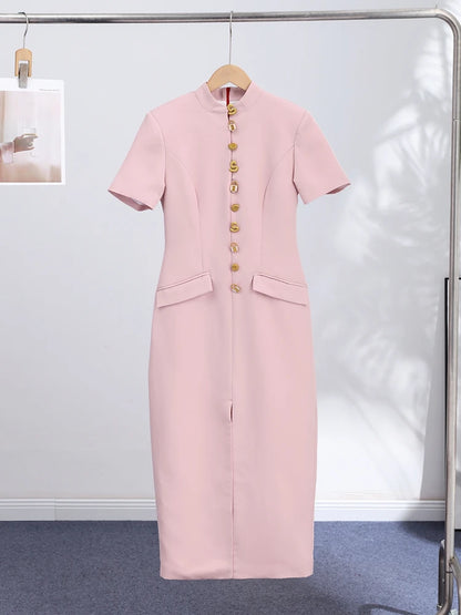 Chic Single Breasted Women's Dress Short Sleeve Slim Female Long Dresses 2026 Spring Summer Elegant Party Front Split Lady Robe