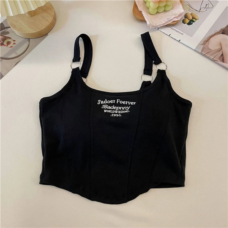 Fashion Embroid Letter Print Crop Tops Women Summer Sexy Streetwear Short Tops Suspenders Sports Tank Top Gym Solid Slim Vest