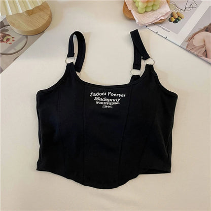 Fashion Embroid Letter Print Crop Tops Women Summer Sexy Streetwear Short Tops Suspenders Sports Tank Top Gym Solid Slim Vest