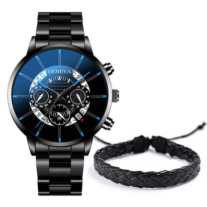 2PCS Men Business Watches Fashion Steel Band Male's Analog Quartz Watch Leather Bracelet Set Reloj Hombre（Without Box