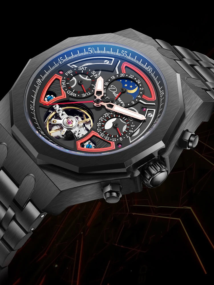 Luxury Tourbillon Watches Men Fashion Sport Rubber Strap Moon Phase Date Waterproof Automatic Mechanical Wrist Watch Man Reloj