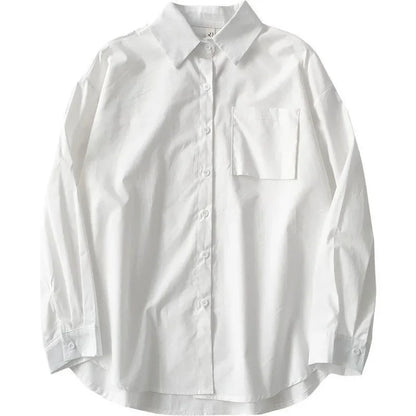 Japanese Style Loose Long Sleeve White Shirts Women Preppy Style Pocket Turn Down Collar Shirt Woman Harajuku Oversized Blouse