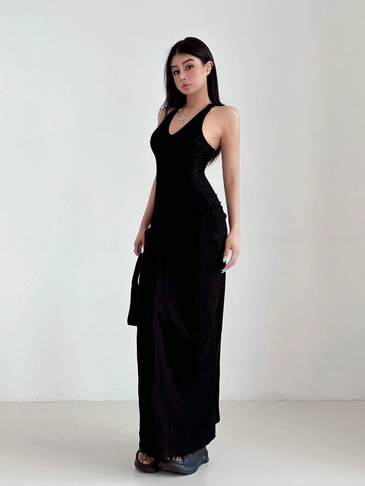 Racerback Tank Top Dresses Chest Large Waist Fold Black Sexy Dress Elegant For Women Fashion Sexy Women Robe 2024 New 4BMV