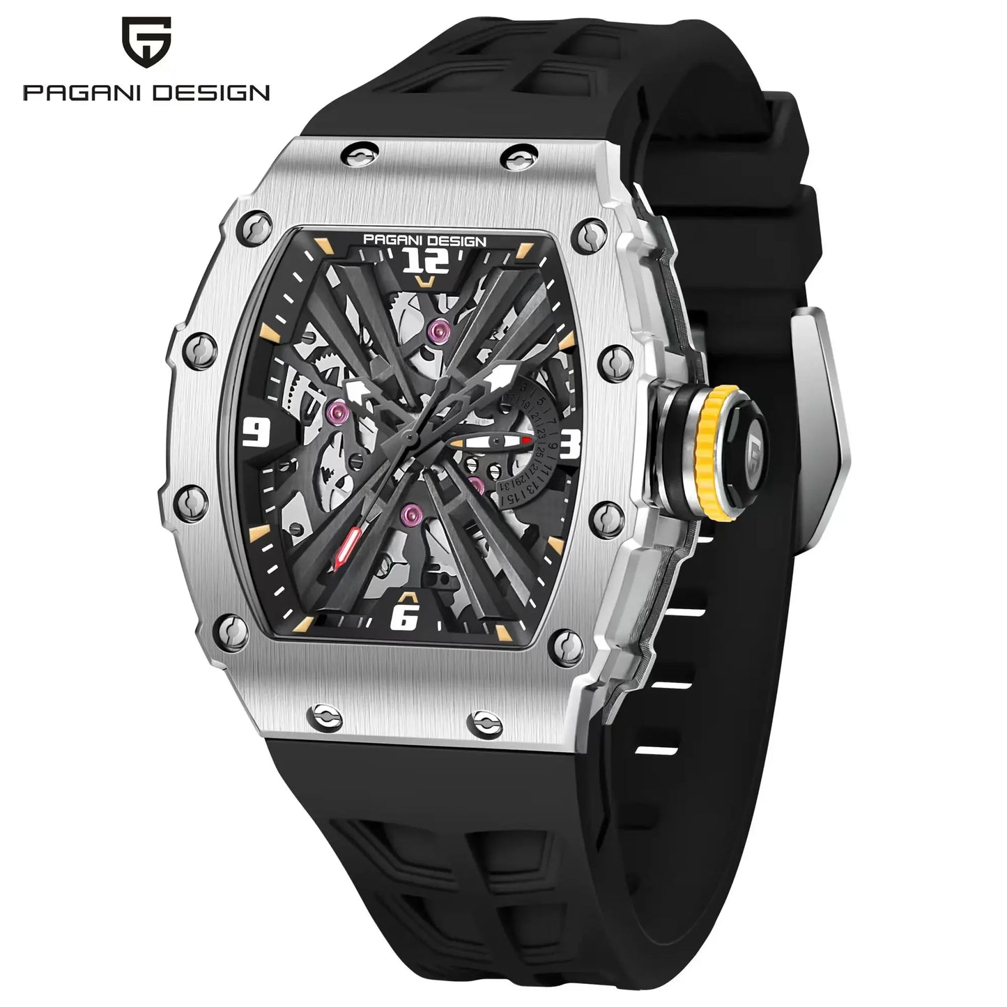 PAGANI DESIGN  Luxury Mens Quartz Watches Barrel Shape Waterproof Wrist Watch For Men VH65 Silicone Luminous Sapphire Mirror