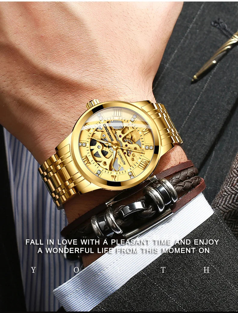 Bindond Mens Automatic Mechanical Watches Top Brand Luxury Stainless Steel Waterproof Hollow Male Wristwatches Relogio Masculino