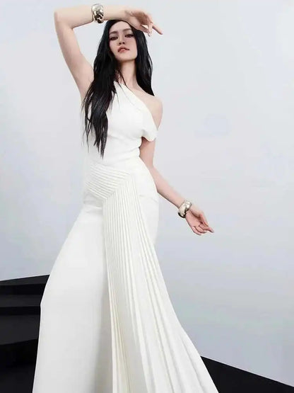 DEAT 2026 Spring Elegant Dress Skew Collar Pleated Design Sleeveless Patchwork High Waist Women's Evening Dresses New 35Z1402