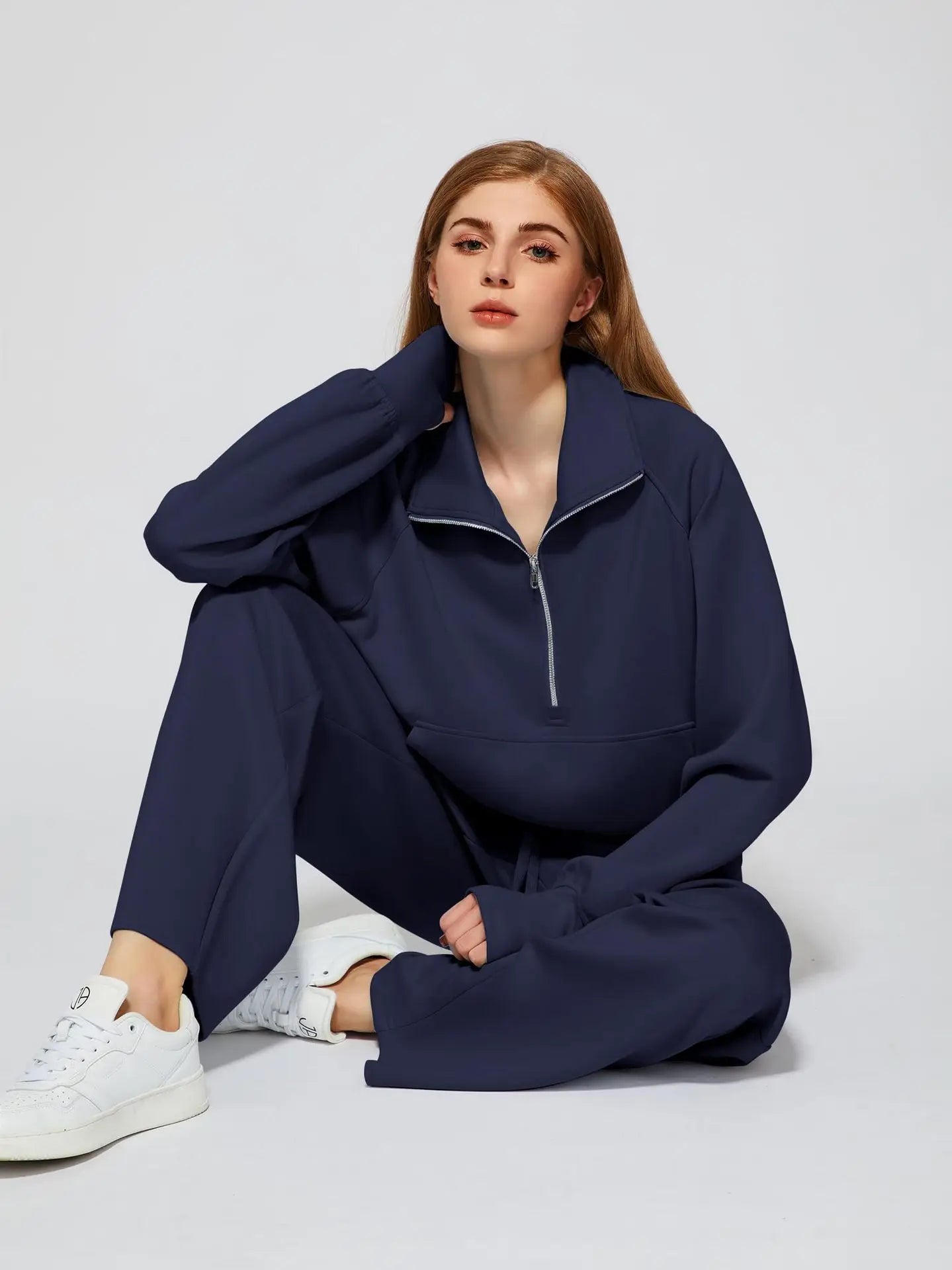 Woman Solid Color Half Zip Long Sleeve Sweatshirt and Wide Leg Pants Set Casual Sporty Two Piece Outfit