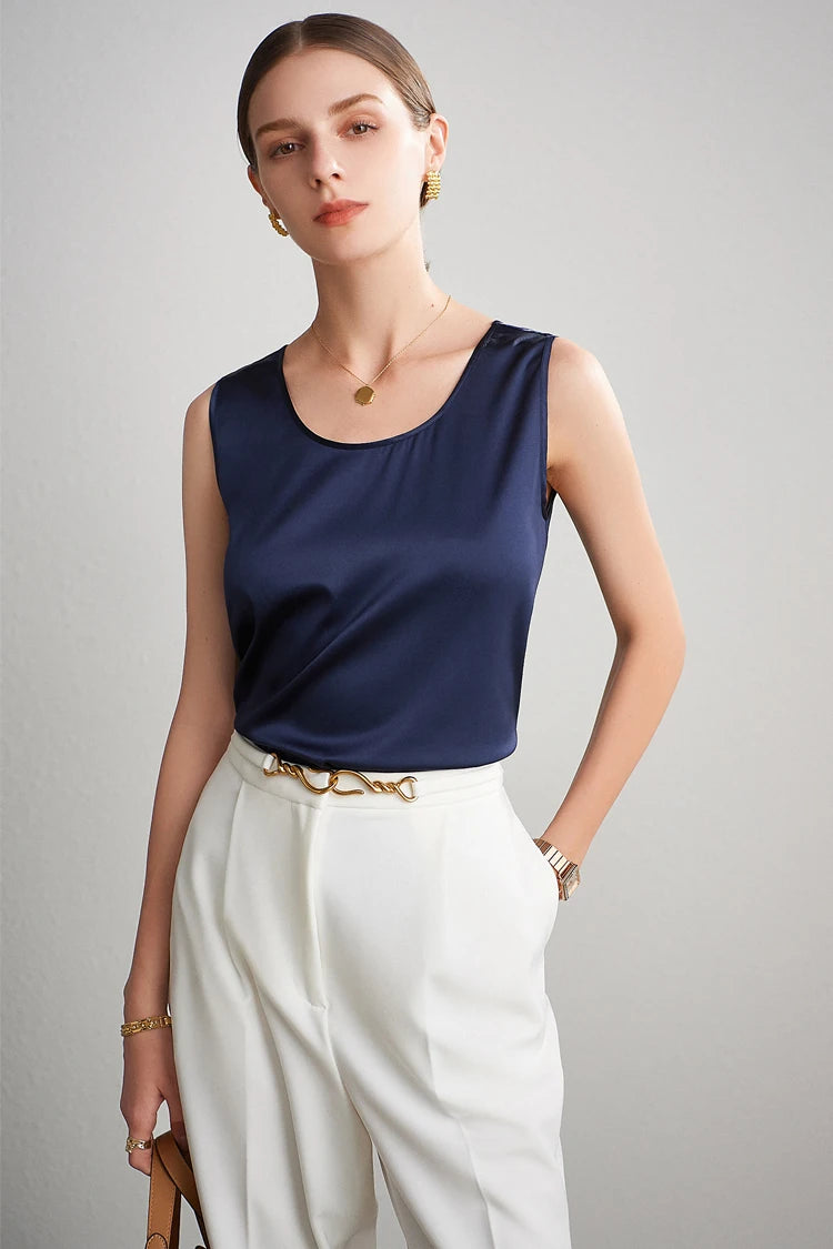 SuyaDream. Women Basic Cozy Tanks, 100%Real Silk, O neck Sleeveless Chic T Shirt, 2025 Solid Summer Vests, White, Pink, Beige