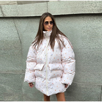 Printed Hooded Puffy Cotton Jacket Women Stand Collar Long Sleeve Zipper Loose Padded Coats 2025 Winter Lady Warm Outwear Street