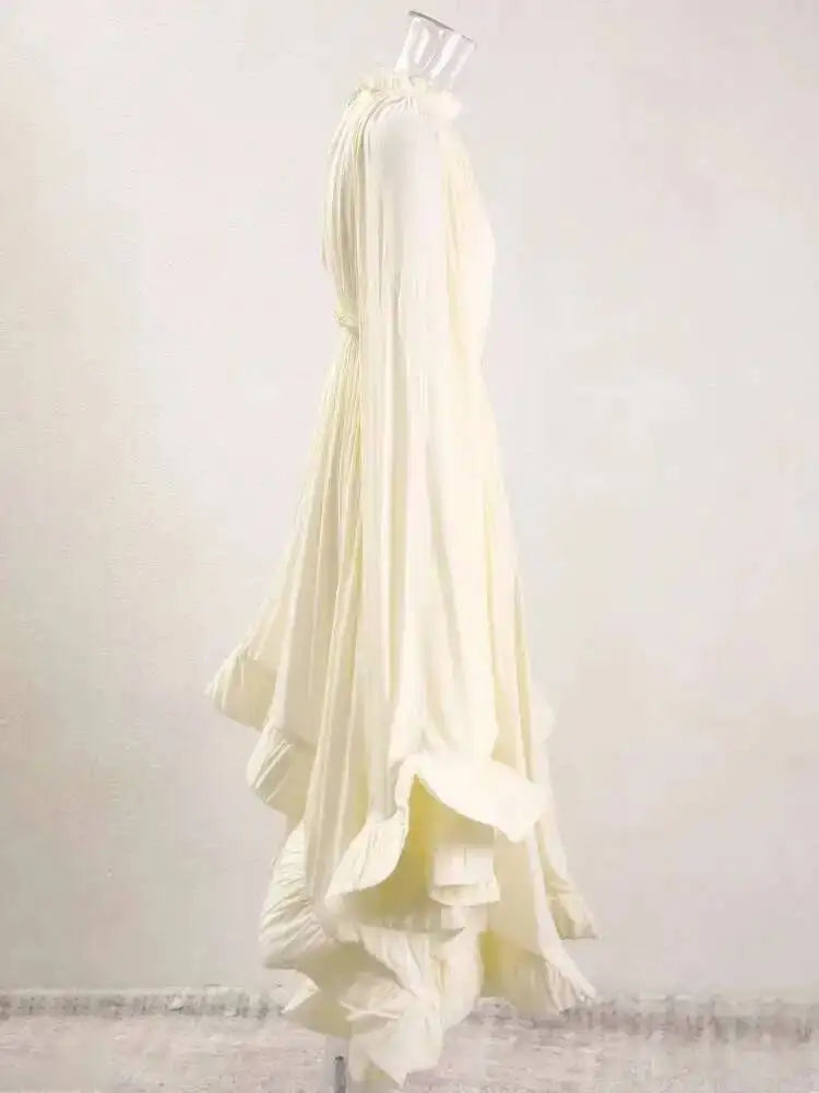 IEQJ Elegant Big Swing Irregular Ruffles Party Maxi Dresses For Women Cloak Sleeves Spliced Lace Up Pleated Dress 2025 New