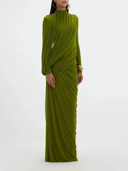 VGH Elegant Vintage Spliced Ribbon Dresses for Women Turtleneck Long Sleeve Irregular Folds Evening Luxurious Maxi Dress Female
