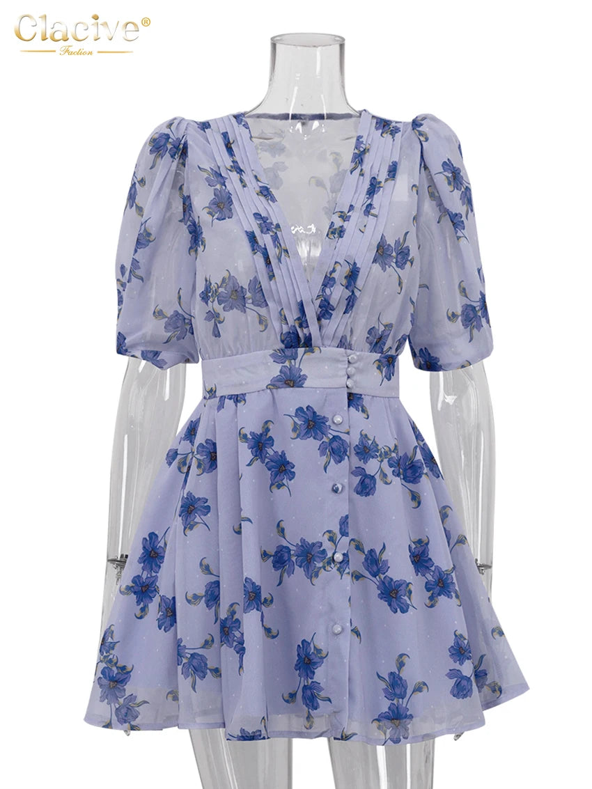 Clacive Fashion Loose Print Women Dress 2025 Sexy Deep V-Neck Short Sleeve Mini Dresses Elegant Classic High Waist Female Dress