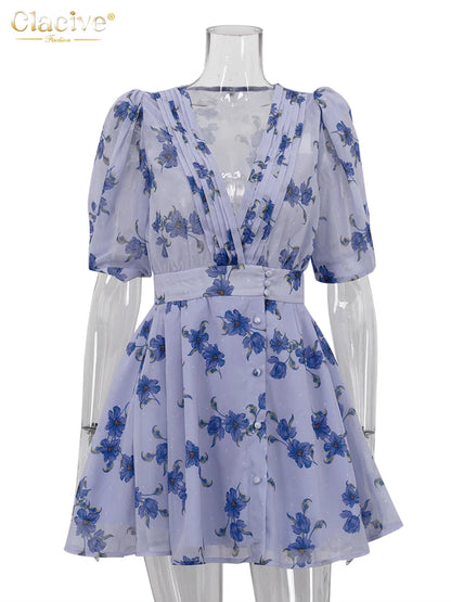 Clacive Fashion Loose Print Women Dress 2025 Sexy Deep V-Neck Short Sleeve Mini Dresses Elegant Classic High Waist Female Dress