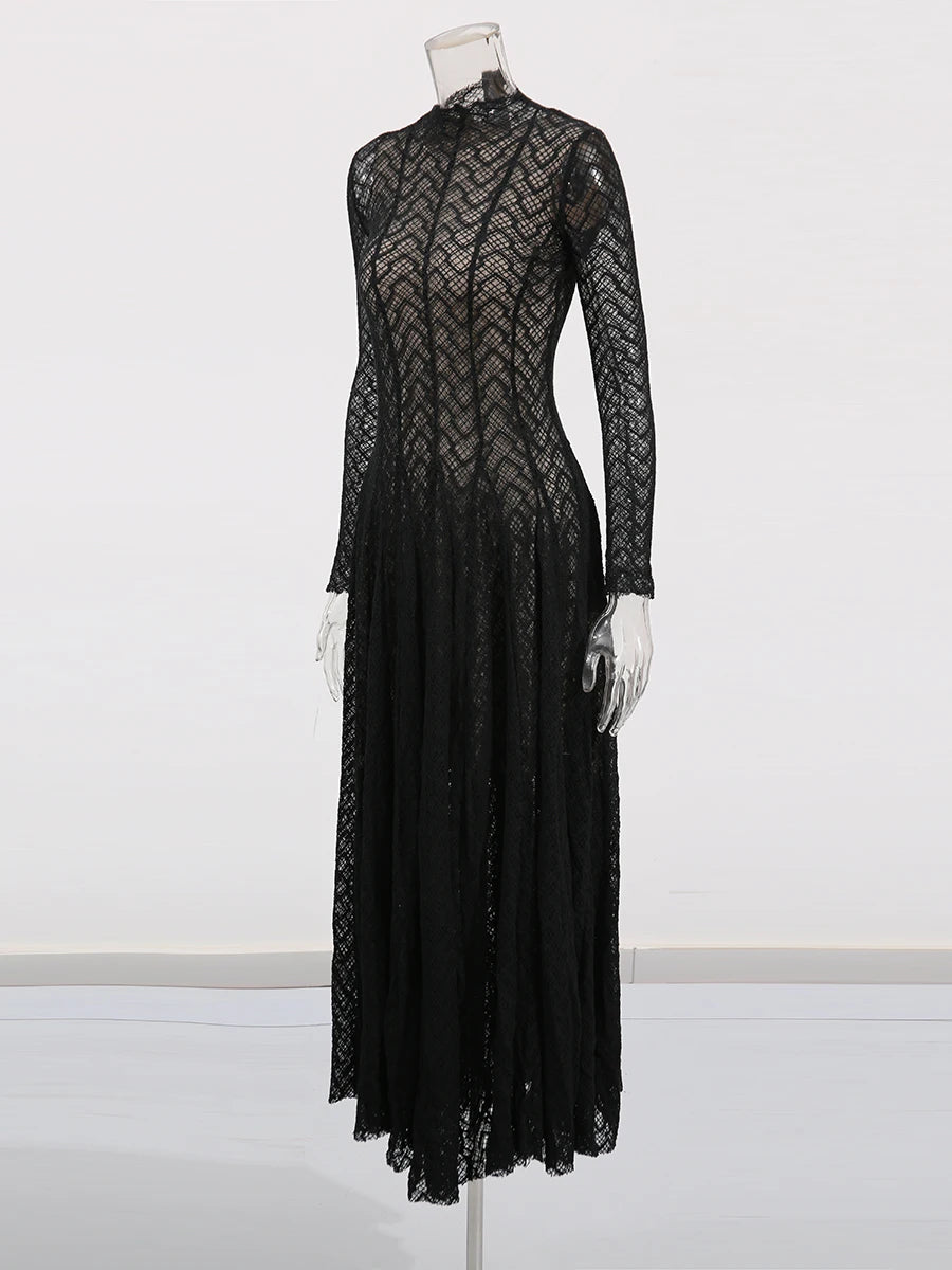 TWOTWINSTYLE Hollow Out Mesh Long Dress for Women Stand Collar Slimming Long Sleeve High Waist Chic Pleated Dresses Female New