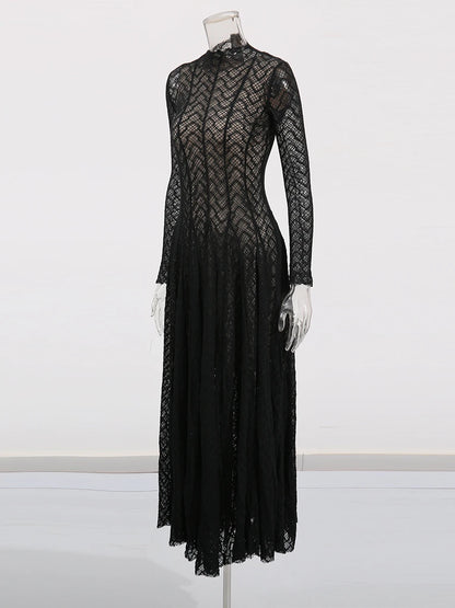 TWOTWINSTYLE Hollow Out Mesh Long Dress for Women Stand Collar Slimming Long Sleeve High Waist Chic Pleated Dresses Female New