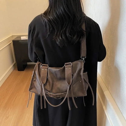 Retro Motorcycle Handbag Women Horizontal Tote Storage Tassel Design Pillow Shoulder Bag Trendy Large Capacity Soft Underarm Bag