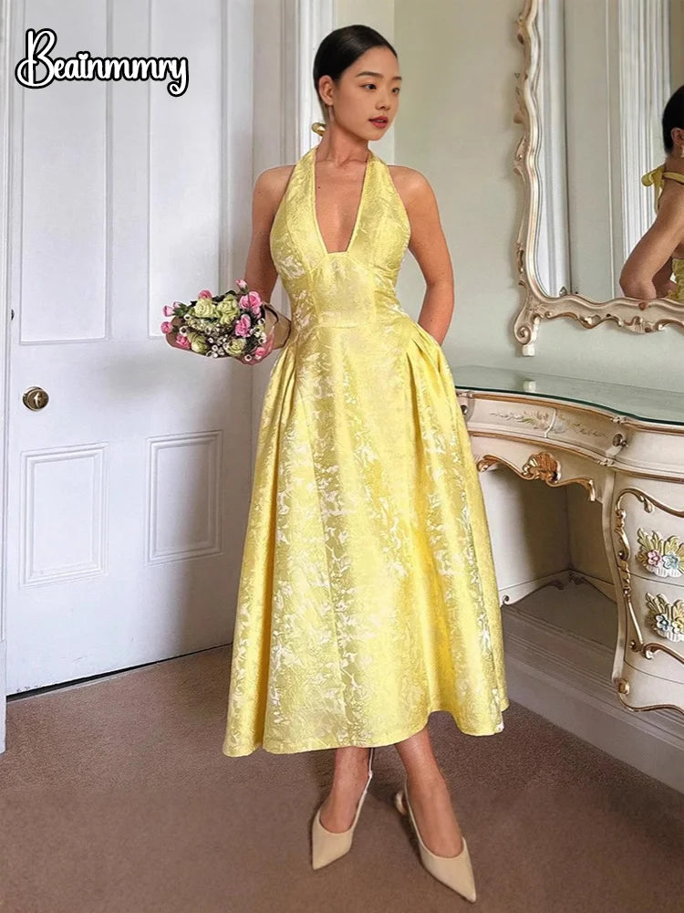 Solid Backless Lace Up A-line Dress Women Sleeveless Deep V-neck High Waist Pleated Midi Dresses Lady Evening Party Robes 2026