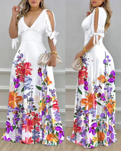 Elegant Women's Dresses Summer Fashion Split Sleeve Pearls Decor Plants Print Split Sleeve Casual V-Neck Half Sleeve Maxi Dress