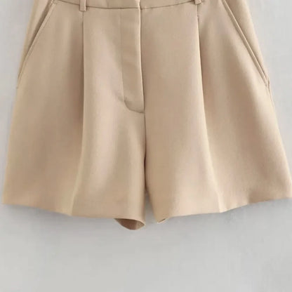 Women Fashion Side Pockets Front Darts Bermuda Shorts Vintage High Waist Zipper Fly Female Short Pants Mujer