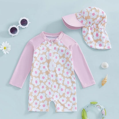 Citgeett Summer Kids Toddler Girl Long Sleeve Swimsuit Floral Flamingo Print Half Zipper Swimwear Romper Clothes