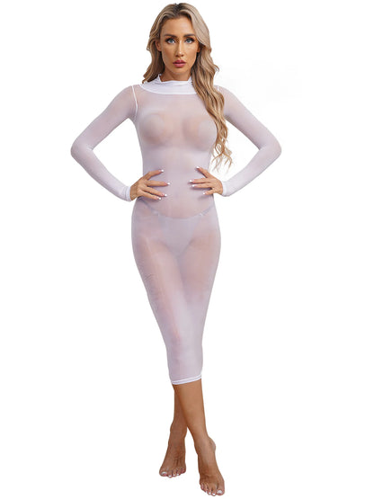 Womens See Though Bodycon Dress Sexy Lingerie Nightwear Long Sleeve Stretchy Glossy Dresses Tempting Party Pole Dancing Clubwear