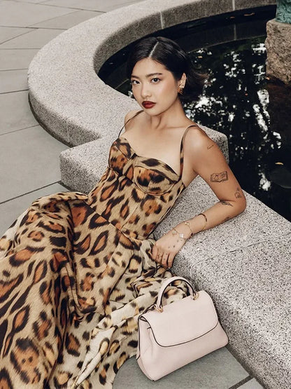 Leopard Print Sleeveless Sling Dress For Women Fashion Chic Backless A Line Dresses 2025 Elegant Female High Street Vestidos