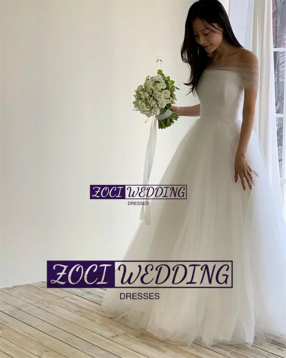 Zoci Elegant Strapless Korea A Line Wedding Dresses Shoulder Cape Photo Shoot Dress Customized Draped Tulle Backless Bridal Gown