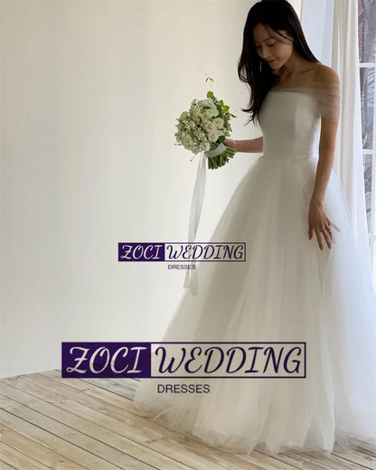 Zoci Elegant Strapless Korea A Line Wedding Dresses Shoulder Cape Photo Shoot Dress Customized Draped Tulle Backless Bridal Gown