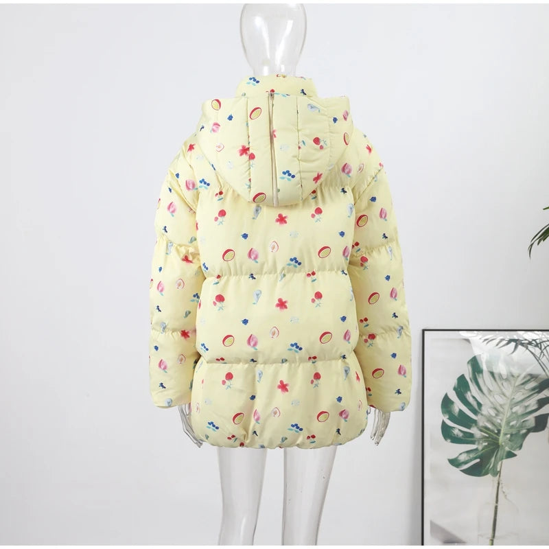 Printed Hooded Puffy Cotton Jacket Women Stand Collar Long Sleeve Zipper Loose Padded Coats 2025 Winter Lady Warm Outwear Street